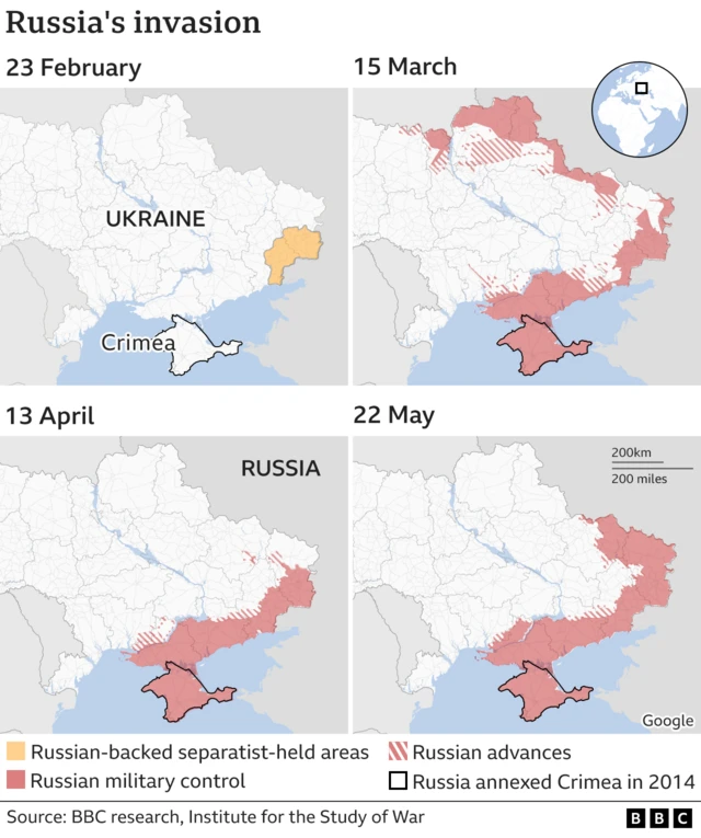 Map showing Russian gains and losses