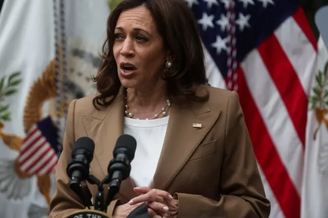 US Vice President Kamala Harris giving a speech in Washington DC on 23 May