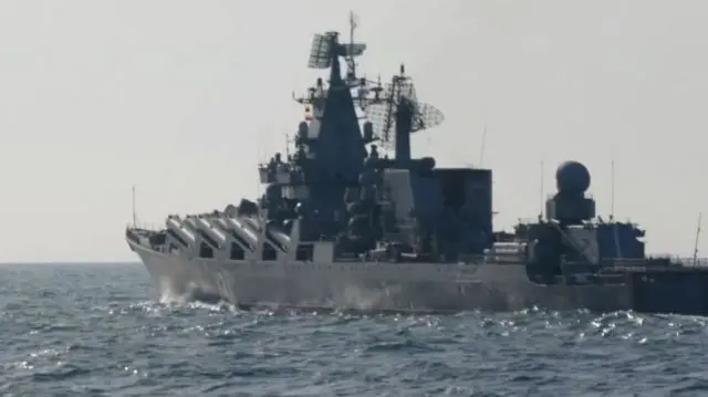 Russian Navy missile cruiser "Moskva" participating in exercise in the Black Sea off the coast of Crimea, 18 February 2022.