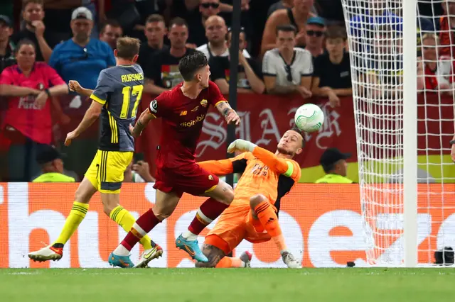 Nicolo Zaniolo gives Roma the lead against Feyenoord in the Europa League Conference League final