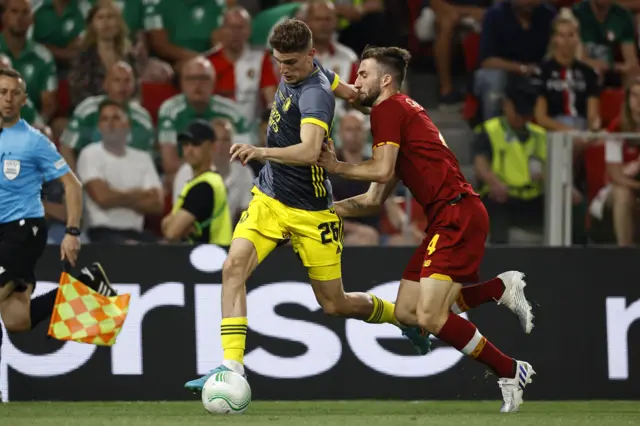 Guus Til of Feyenoord and Bryan Cristante of AS Roma during the UEFA Conference League Final