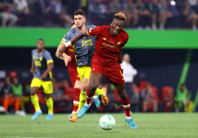 AS Roma's Tammy Abraham in action with Feyenoord's Marcos Senesi