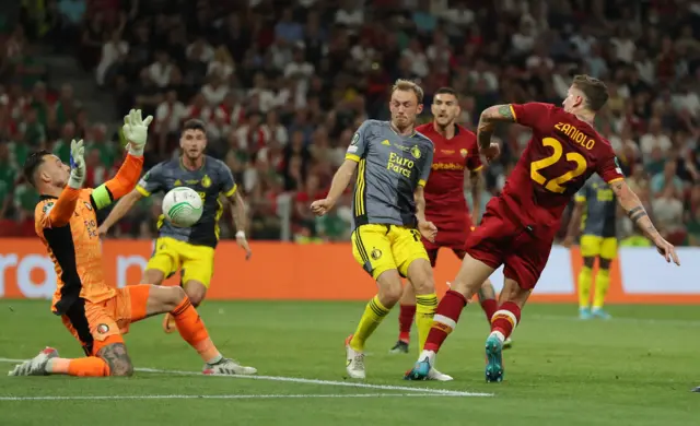 AS Roma's Nicolo Zaniolo puts them ahead against Feyenoord in the Europa Conference League final