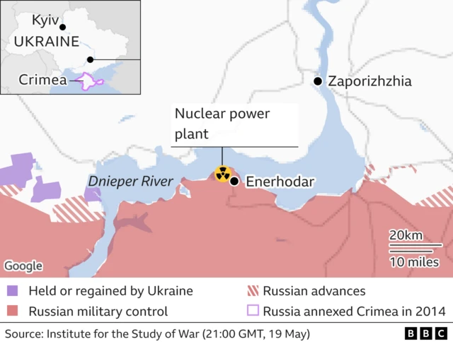 Map showing Zaporizhzhia and the site of the nuclear power station