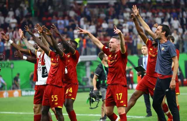 AS Roma's Jordan Veretout celebrates after winning the Europa Conference League Final