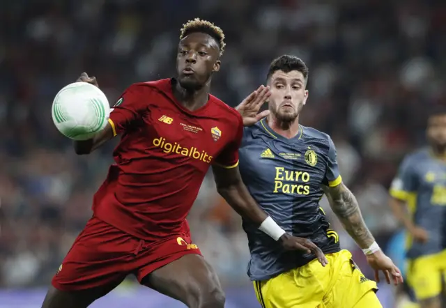 AS Roma's Tammy Abraham in action with Feyenoord's Marcos Senesi