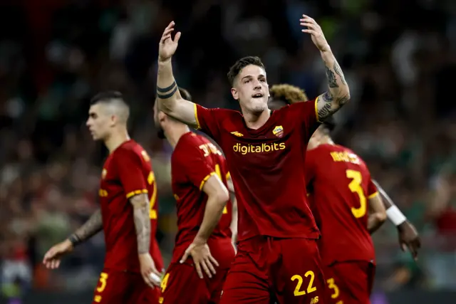 Nicolo Zaniolo celebrates Roma the lead against Feyenoord in the Europa League Conference League final