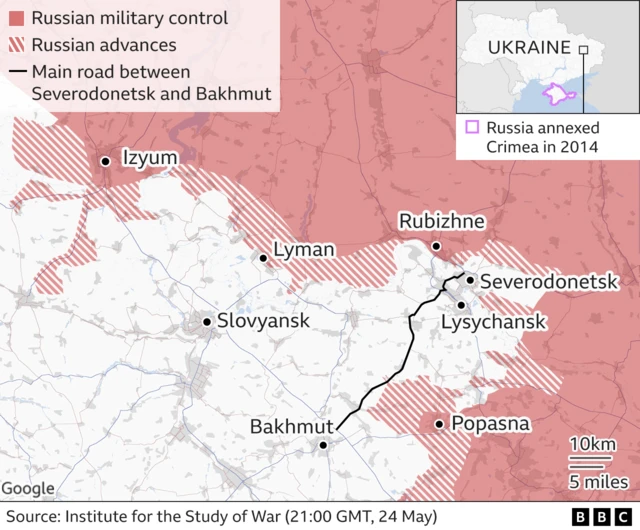 Map showing road running between Severodonetsk and Bakhmut