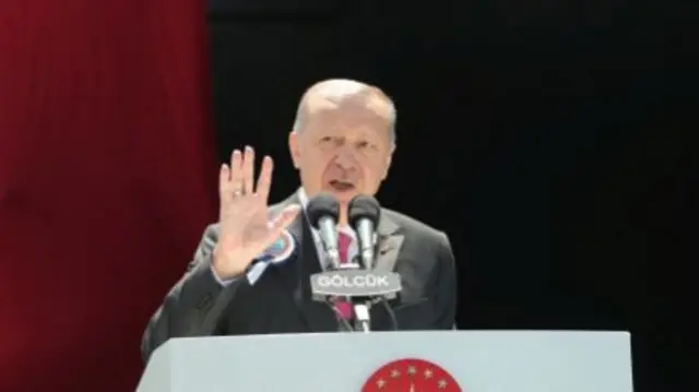 Turkish President Recep Tayyip Erdogan speaks during a ceremony at the Golcuk Naval Shipyard in Izmit, Turkey 23 May