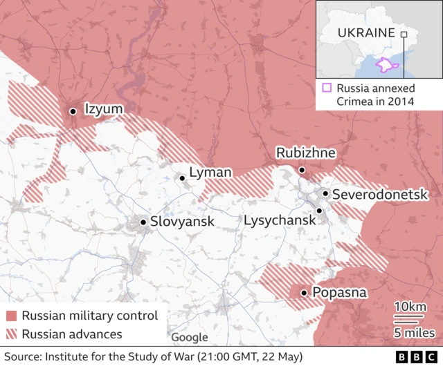 Map shows areas of fighting around Severodonetsk and Lyman