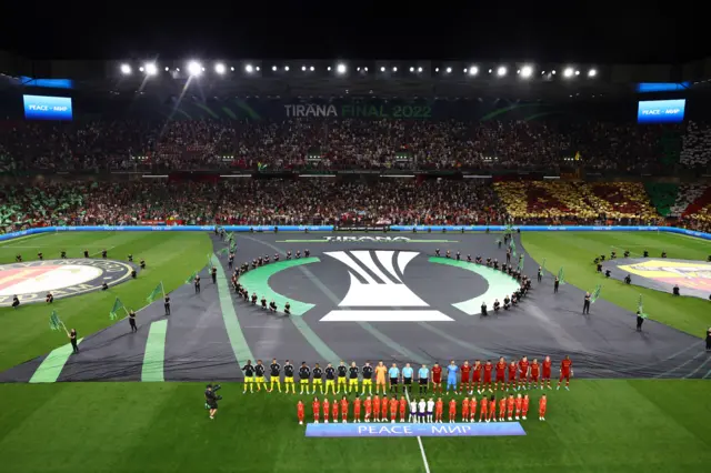 Roma and Feyenoord line up before the Europa Conference League final