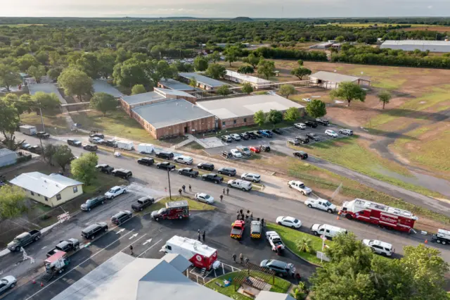 In this aerial view, police officers work on scene at Robb Elementary School