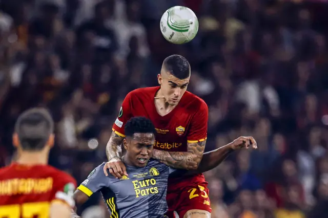 Luis Sinisterra of Feyenoord and Gianluca Mancini of AS Roma