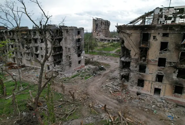 Aerial shot of destroyed residential buildings