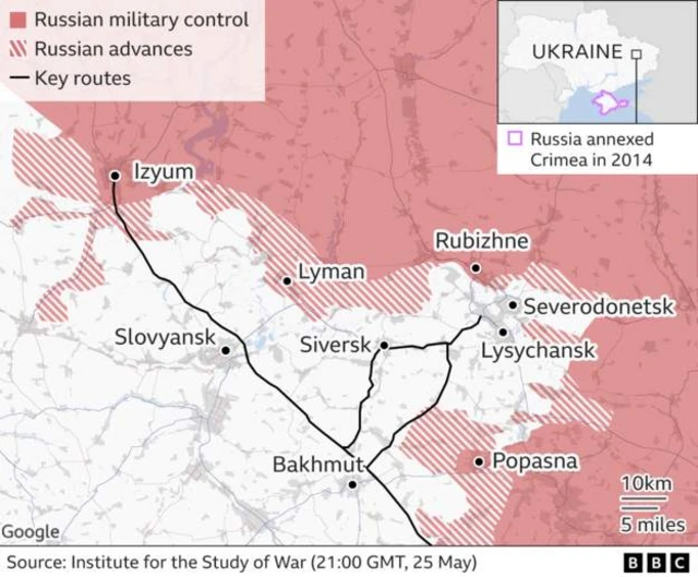 Map showing eastern Ukraine and city of Lyman