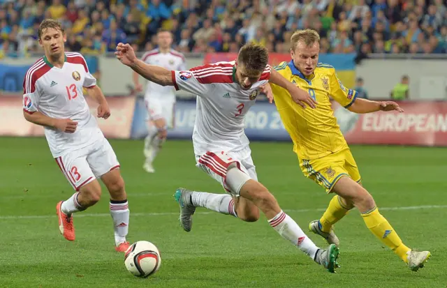 Ukraine play football against Belarus in 2015 in Lviv
