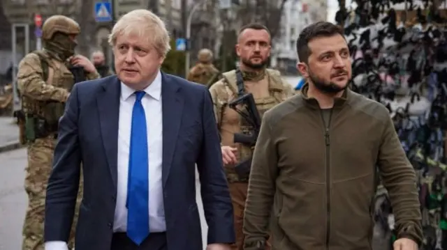 Prime Minister Boris Johnson with President of Ukraine Volodymyr Zelensky, during the prime minister's visit to Kyi