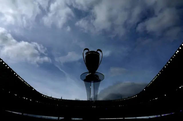 The Champions League trophy on display at the Stade de France