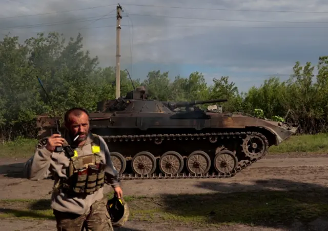 A Ukrainian serviceman near a frontline in the Donetsk region