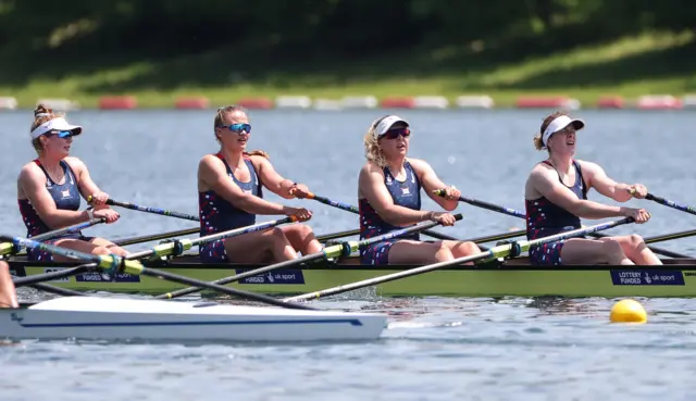 GB's women's quadruple sculls crew, from left, Lucy Glover, Lola Anderson, Jessica Marie Leyden and Georgina Megan Brayshaw