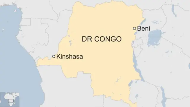 A map of the Democratic Republic of Congo showing the city of Beni and the capital, Kinshasa.