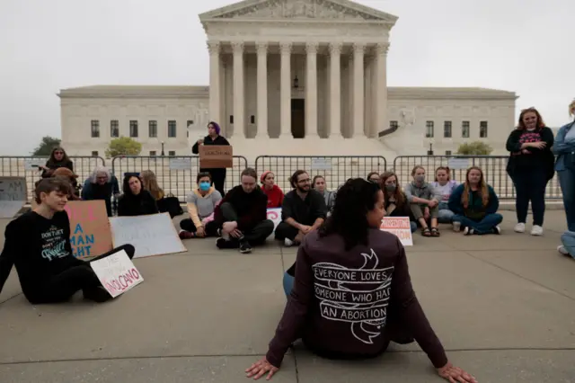 Renee Bracey Sherman, the founder of We Testify, leads a talk-back for those who have had abortions to share stories of their experience outside the U.S. Supreme Court on May 03, 2022 in Washington, DC