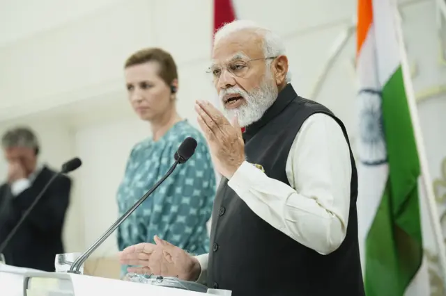 Indian Prime Minister Narendra Modi speaks next to Danish Prime Minister Mette Frederiksen in Copenhagen