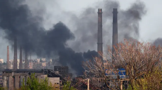 Smoke rises above Azovstal Iron and Steel Works in Ukraine