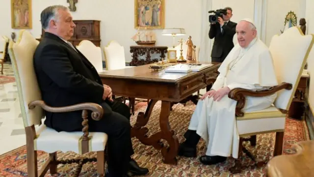 Pope Francis meets Hungarian Prime Minister Viktor Orban during a private audience at the Vatican April 21, 2022.