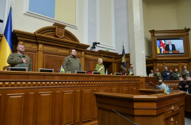 UK PM Boris Johnson makes his speech to the Ukraine parliament