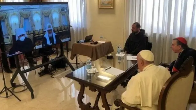 Pope Francis and Russian Orthodox Patriarch Kirill hold a virtual meeting, amid Russia's invasion of Ukraine, at the Vatican, March 16, 2022.