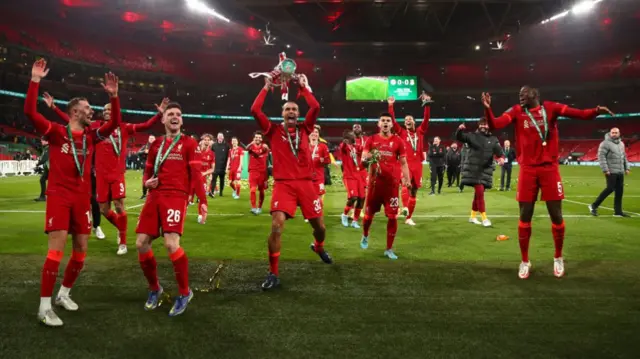 Liverpool celebrate winning the Carabao Cup