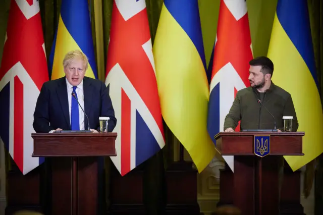 UK PM Boris Johnson and Ukrainian President Volodymyr Zelensky pictured in Kyiv