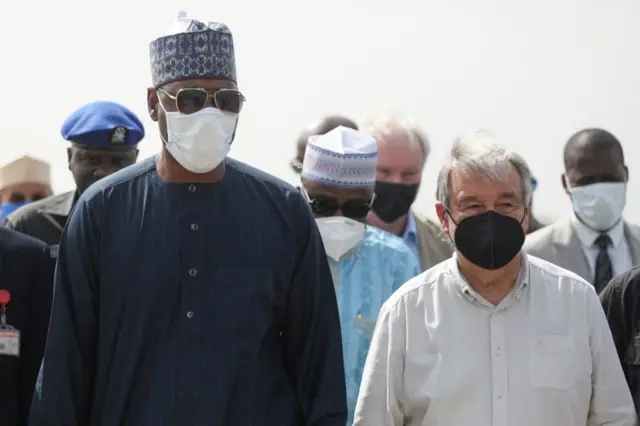 Nigeria's Borno State Governor, Babagana Zulum receives United Nations (UN) Secretary-General Antonio Guterres, during Guterres first mission to Nigeria at the Maiduguri International Airport, Borno State, Nigeria on May 3, 2022