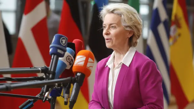 President of the European Commission, Ursula von der Leyen, arrives at the first day of a Special European Summit on Ukraine at the European Council, in Brussels