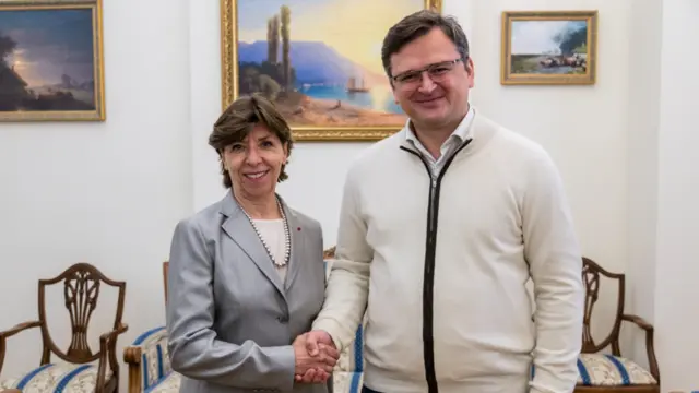 Ukraine's Foreign Minister Dmytro Kuleba with his French counterpart Catherine Colonna