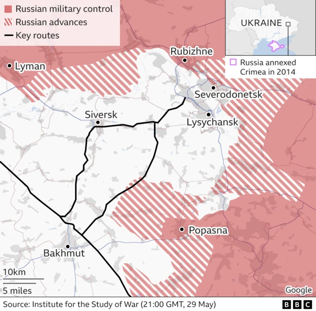 This map shows the extent to which Russia controls the city of Severodonetsk in eastern Ukraine