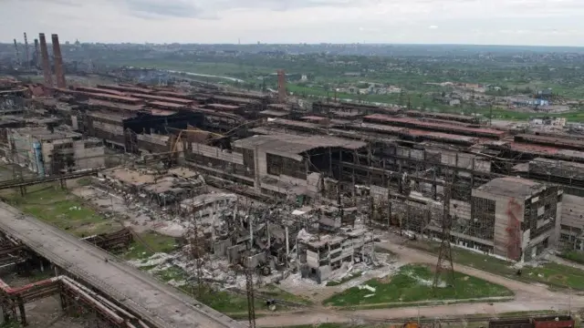 An aerial view shows destroyed facilities of Azovstal Iron and Steel Works in the southern port city of Mariupol