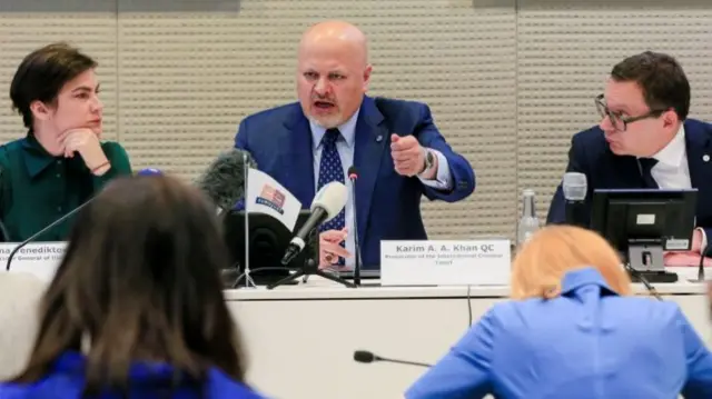 ICC Prosecutor Karim A. A. Khan QC speaks as Ukraine"s top prosecutor Iryna Venediktova and Eurojust President Ladislav Hamran listen