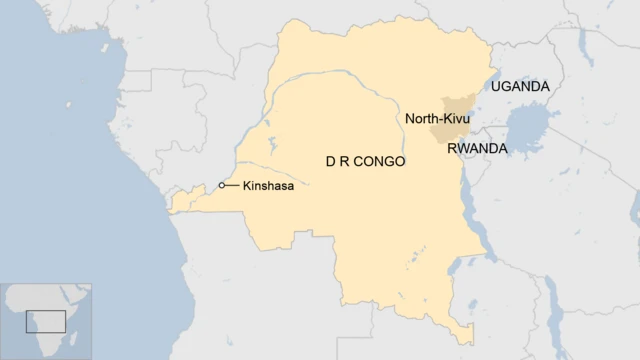 A map showing North-Kivu province and Kinshasa in DR Congo, plus Uganda and Rwanda.