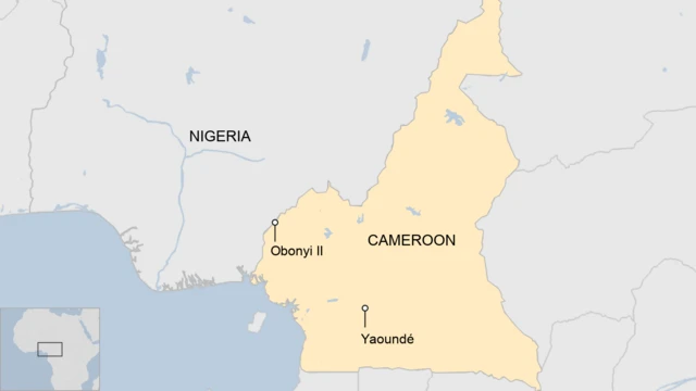 A map of Cameroon showing the village of Obonyi II, and the capital city Yaoundé.