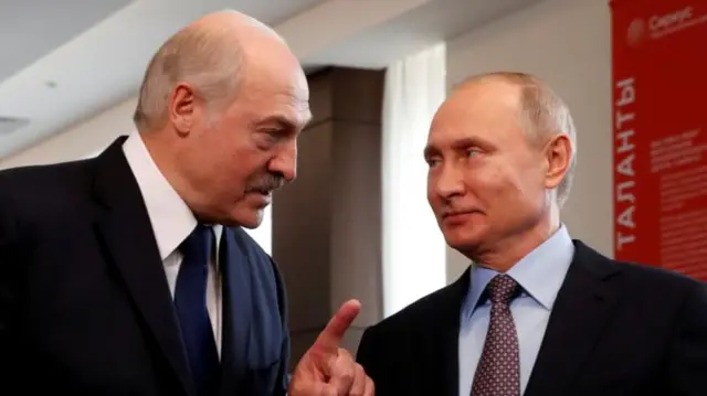 Belarus President Alexander Lukashenko and Russian President Vladimir Putin meet at the Sirius Educational Center in the Black sea resort of Sochi, Russia February 15, 2019