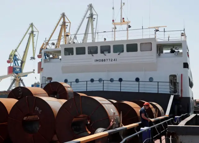 Steel rolls are stacked on board the RM 3 cargo ship at the Port of Mariupol, during Ukraine-Russia conflict in the southern city of Mariupol, Ukraine May 30, 2022.