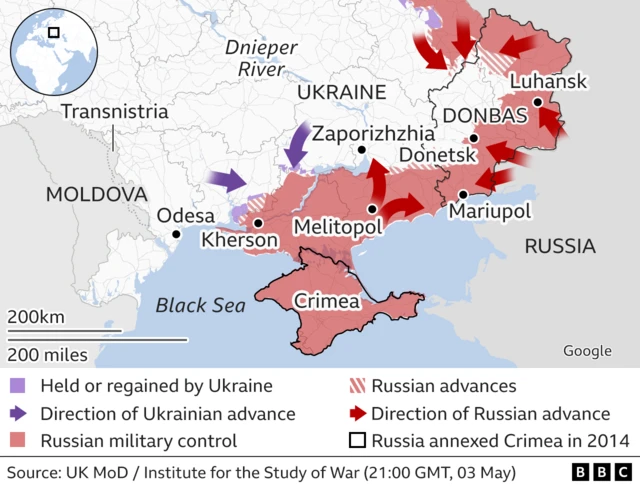 Map showing Russian advances and Ukrainian counter-attacks