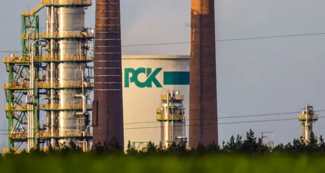 he PCK oil refinery, which is majority owned by Russian energy company Rosneft and processes oil coming from Russia via the Druzhba pipeline, stands on April 30, 2022 in Schwedt, Germany.