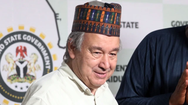 UN boss António Guterres in a Nigerian hat in Borno state - 3 May 2022