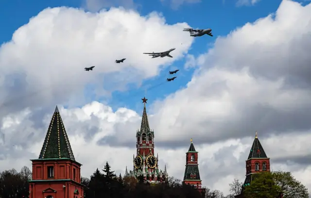 Russian aircraft fly over the Kremlin during a rehearsal for Victory Day parade in Moscow