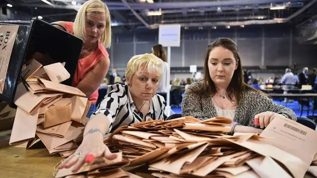 A woman tips a box of ballot papers out as two other women count them
