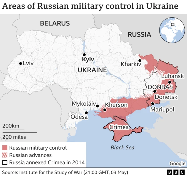 Map showing Russian military control of Ukraine