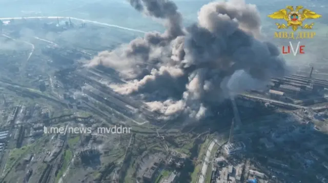 Aerial footage of smoke rising from the Azovstal steelworks in Mariupol released on 5 May
